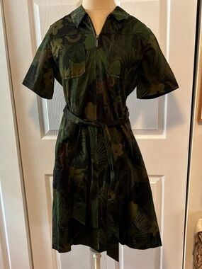 Elie Tahari Dark Olive Green Floral Midi Shirt Dress